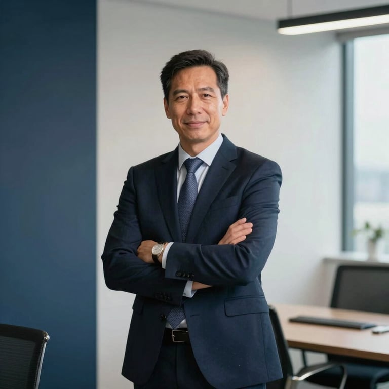 Professional portrait of a business leader in a modern US office setting, sophisticated lighting, dark blue and off-white background.