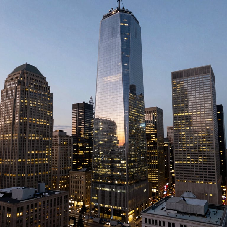 A wide-angle shot of a US city financial district at dusk, with lights from buildings reflecting a sophisticated and ambitious atmosphere.