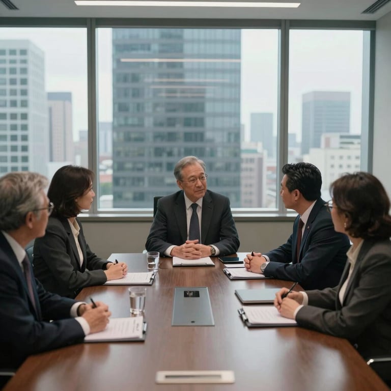 A collaborative meeting in a glass-walled boardroom in a US skyscraper, soft natural light, professional attire.