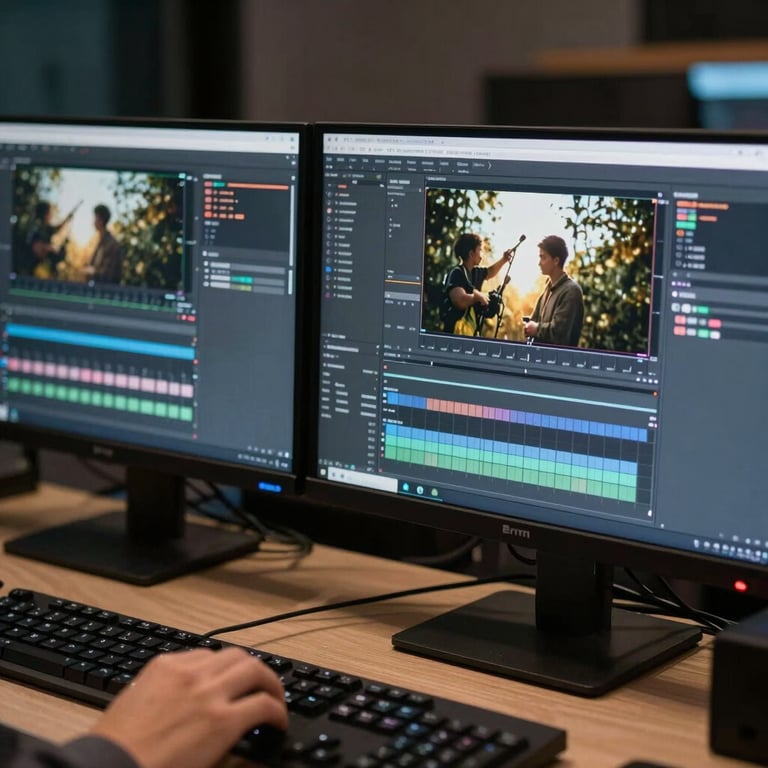 Close-up of a high-end digital editing suite with dual monitors showing AI-enhanced video content in a North American studio.