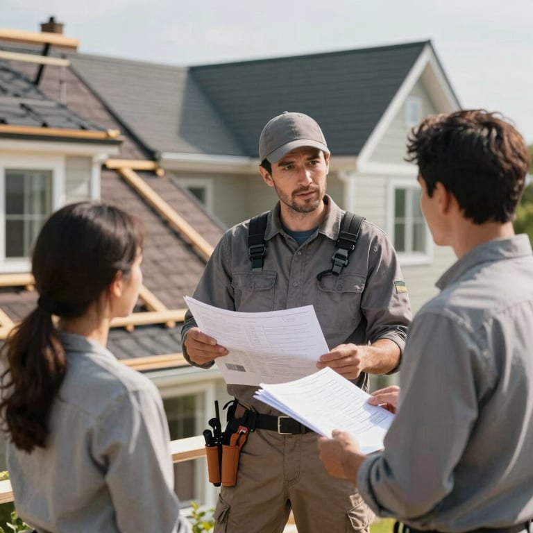 A professional roofing contractor discussing plans with a homeowner in front of a house undergoing a roof replacement.