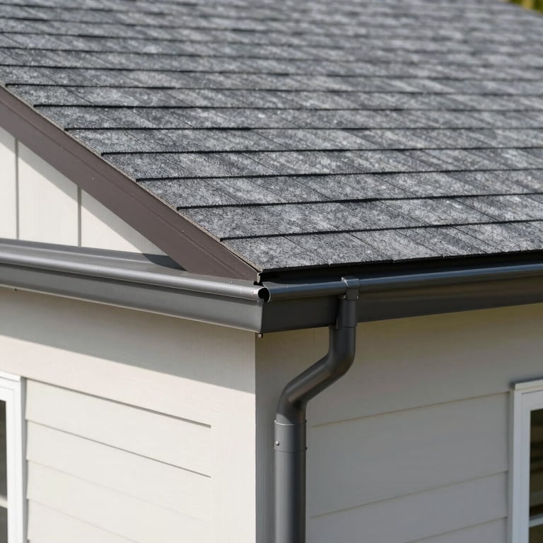 Close-up of a new gutter system installation on a house with a gray shingle roof, clean and professional finish.