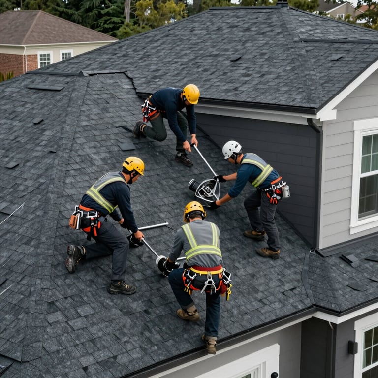 A crew of professional roofers installing high-quality charcoal shingles on a modern North American residential home.