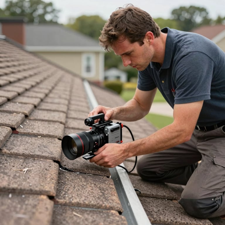 A roofing specialist performing a meticulous leak detection inspection on a suburban roof using professional equipment.