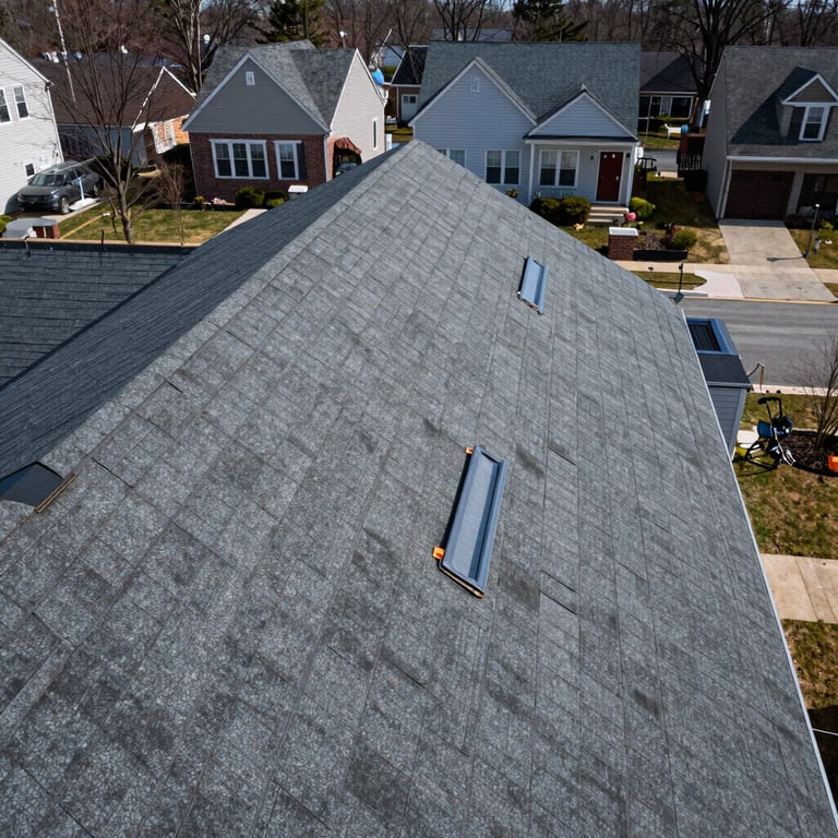 A high-angle view of a completed residential roofing project showing clean lines and durable materials in a New Jersey neighborhood.