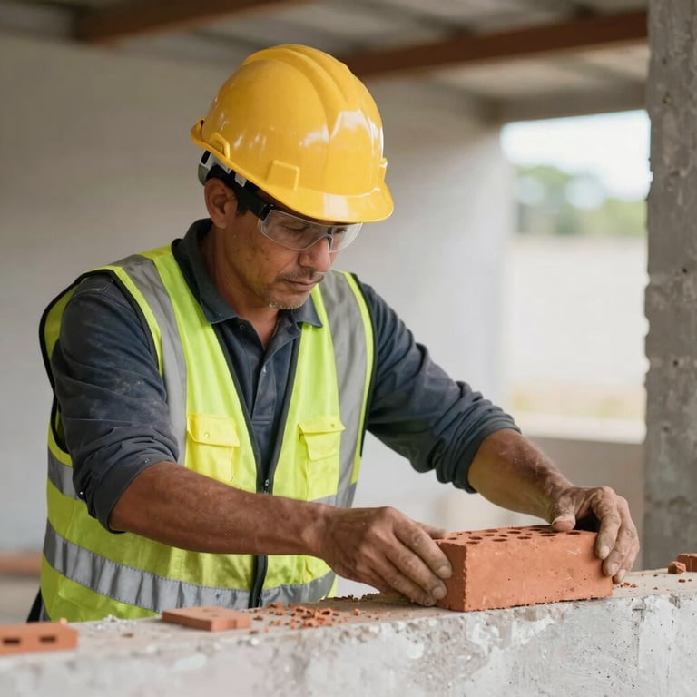 A South American mason wearing professional safety gear, carefully placing a brick on a level wall, symbolizing confidence and craftsmanship in a modern setting.