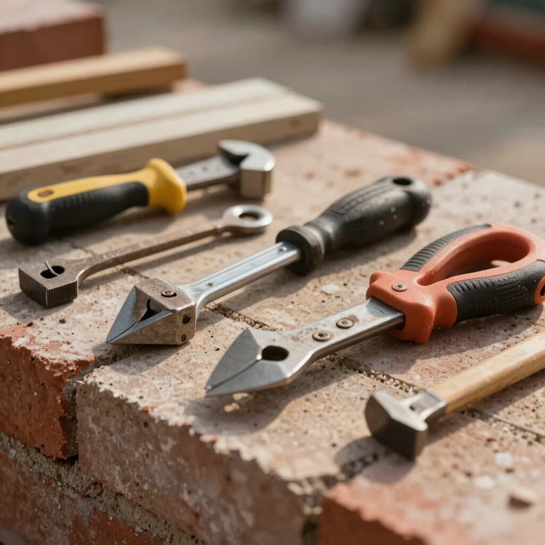 A close-up of professional masonry tools resting on a finished brick surface, emphasizing expertise and attention to detail in soft afternoon light.