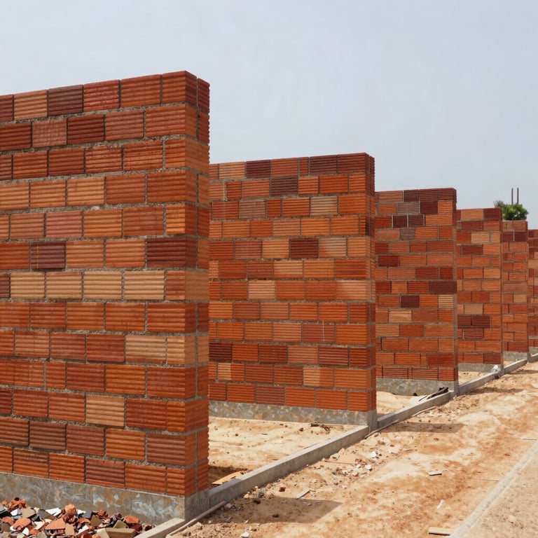 A wide-angle shot of a clean Brazilian construction site, showing perfectly aligned structural brick walls under bright daylight, evoking precision and expertise.
