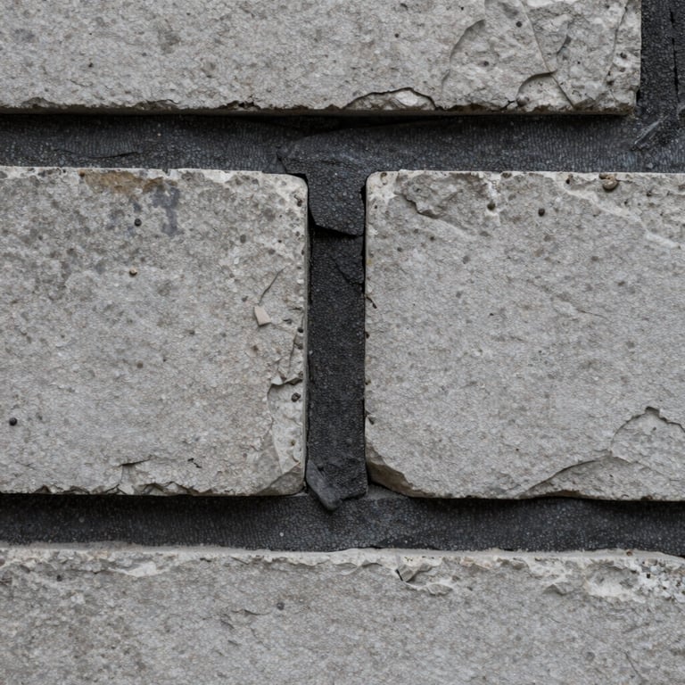 Macro photography of masonry textures, showing the contrast between dark slate mortar and light grey bricks, representing durability and high-end construction quality.