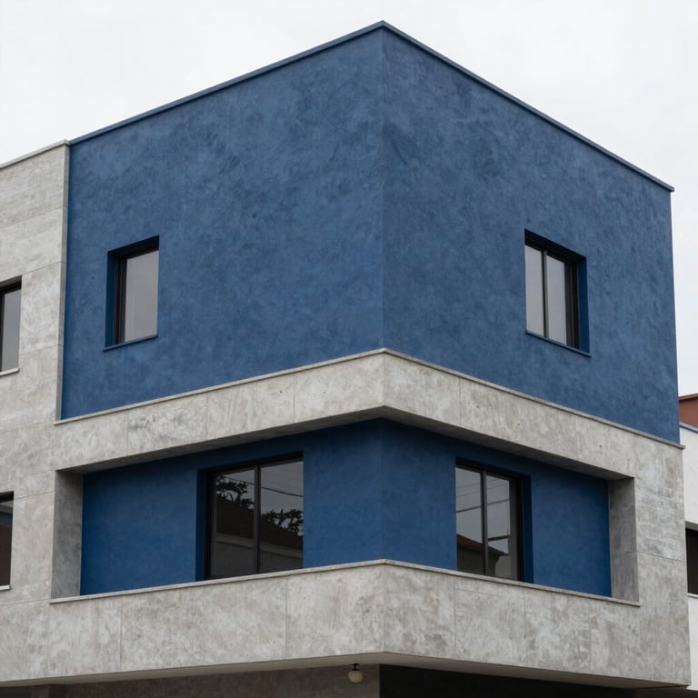 A professional photograph of a modern residential facade in South America, showcasing solid masonry work with clean lines. Palette includes midnight blue and light concrete grey.