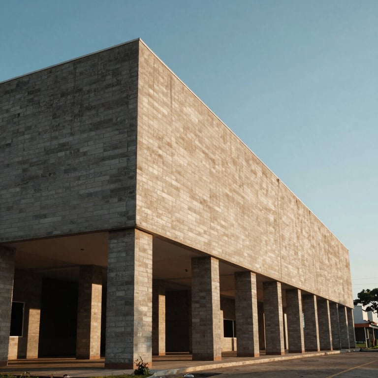 Architectural photography of a newly built commercial structure in Brazil, highlighting the strength of the masonry foundations against a clear sky.