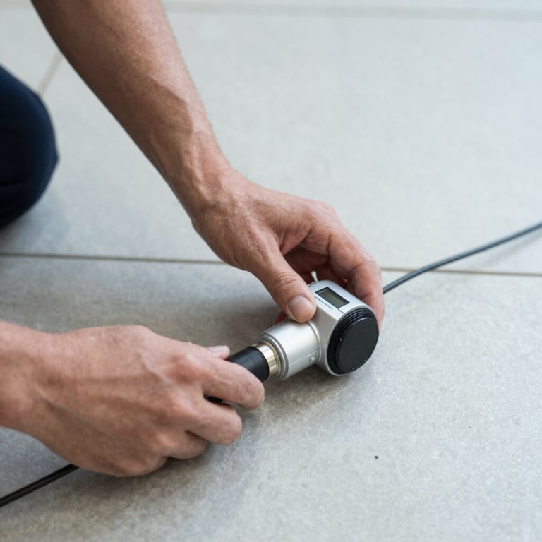 Detail of a technician using a high-tech leak detection sensor on a light gray tiled floor, professional and efficient mood.