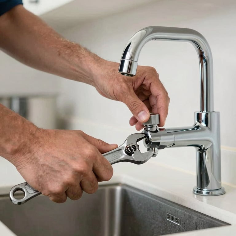 A plumber's hands using a wrench to tighten a chrome faucet in a modern North American kitchen, sharp focus.