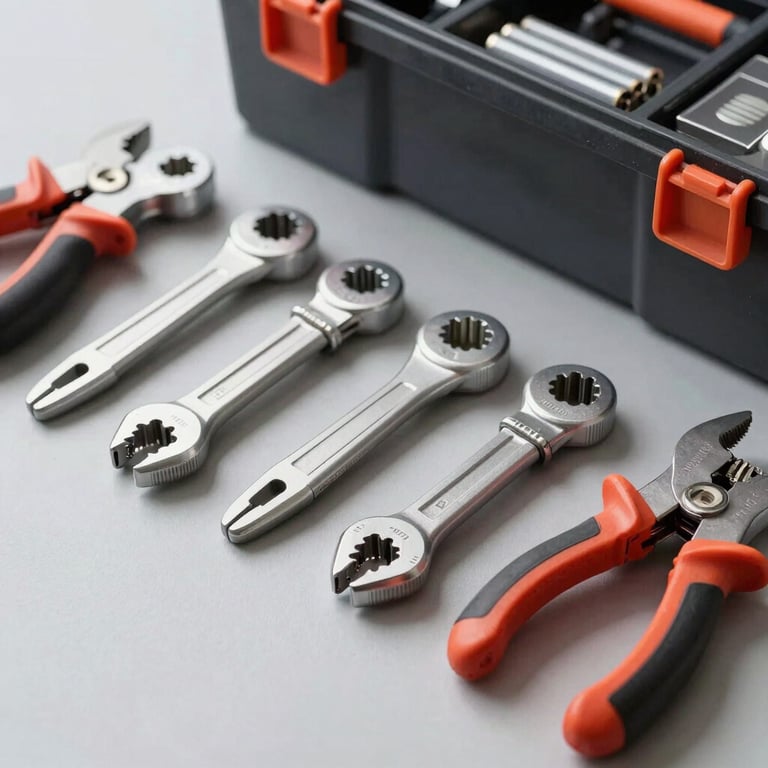 A neatly organized toolbox with professional plumbing tools on a light gray surface, bright studio lighting.