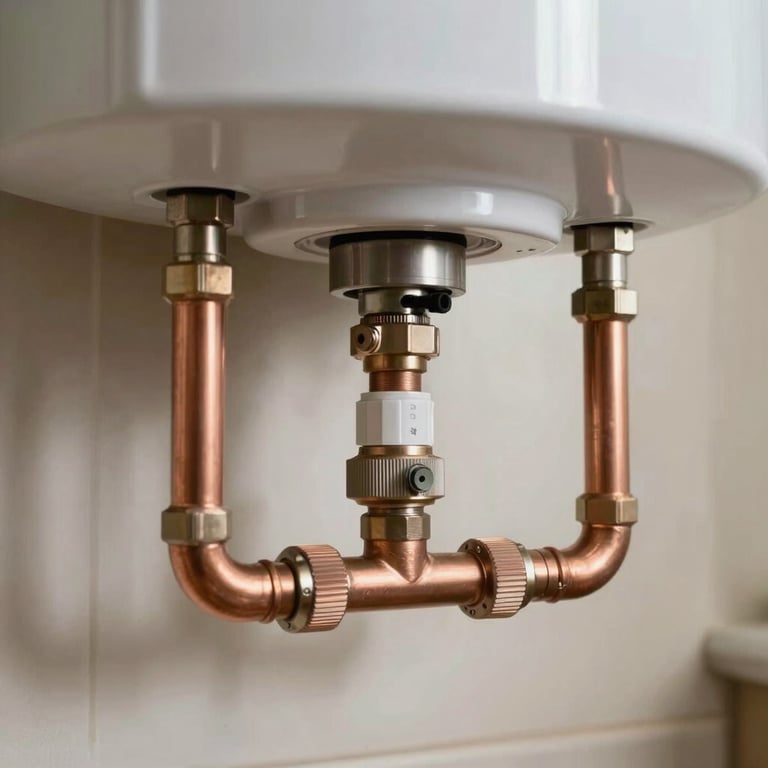 Close-up of a new water heater installation with clean copper pipework, professional lighting in a North American home.