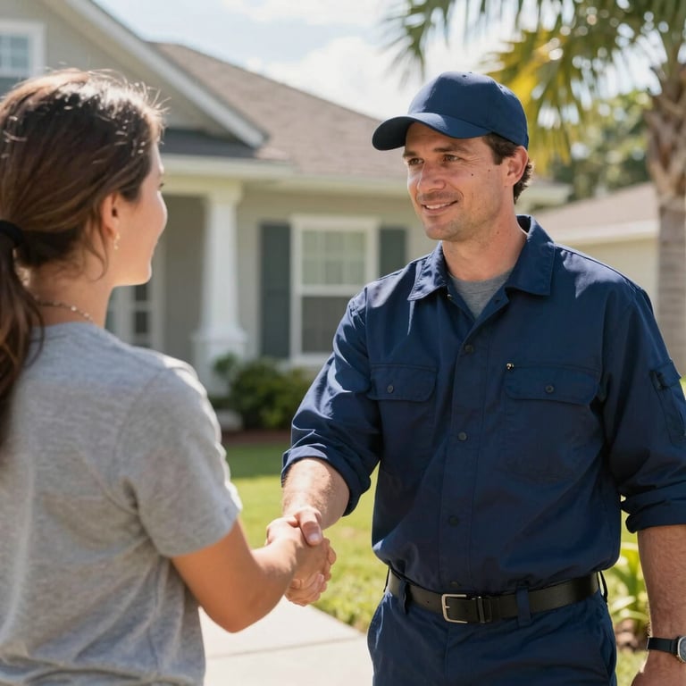 A service technician in a dark blue uniform shaking hands with a homeowner outside an Orlando house, sunny North American / US setting.