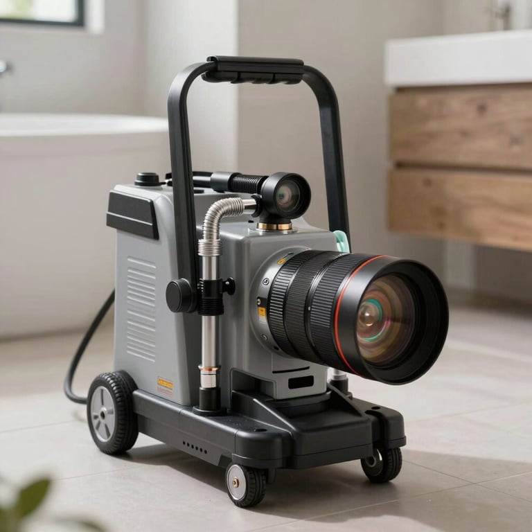 A high-quality photo of professional drain cleaning equipment in a modern North American bathroom, daylight photography.