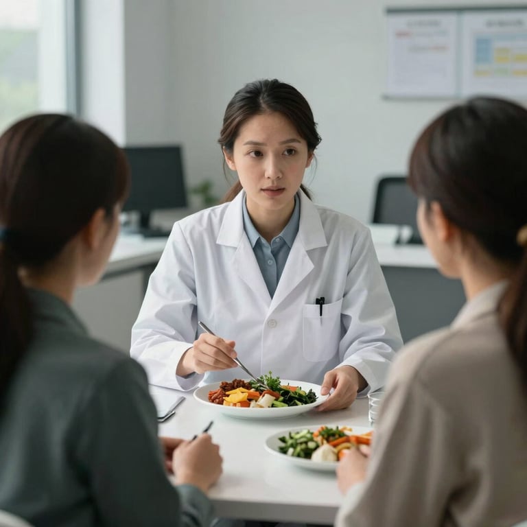 A nutritionist explaining a healthy meal plan to a client in a modern clinical office.