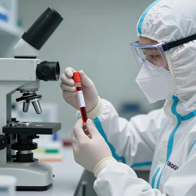 Professional lab technician in protective gear taking a blood sample in a sterile environment.