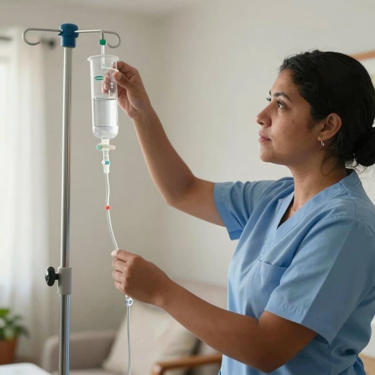 A South American nurse providing home care, adjusting an IV drip in a brightly lit room.