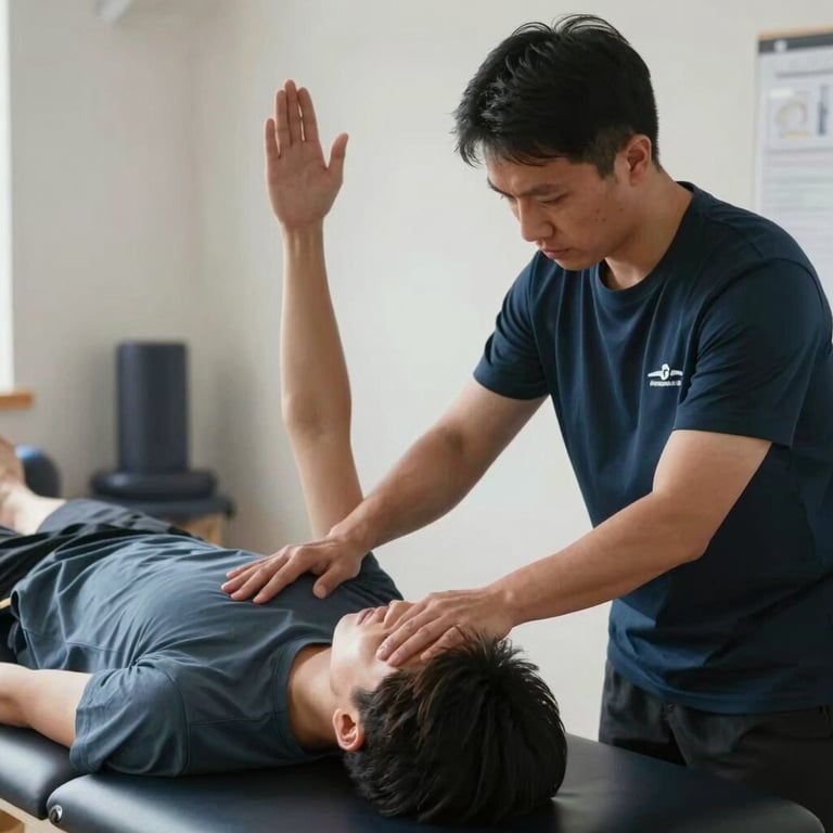 Physical therapy session with a patient doing exercises guided by a professional therapist.
