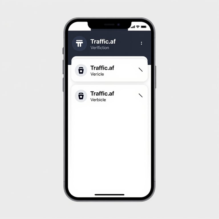 A clean, high-contrast digital interface mockup of the Traffic.af vehicle verification screen displayed on a modern smartphone, centered against a neutral studio background with bright, clear lighting.