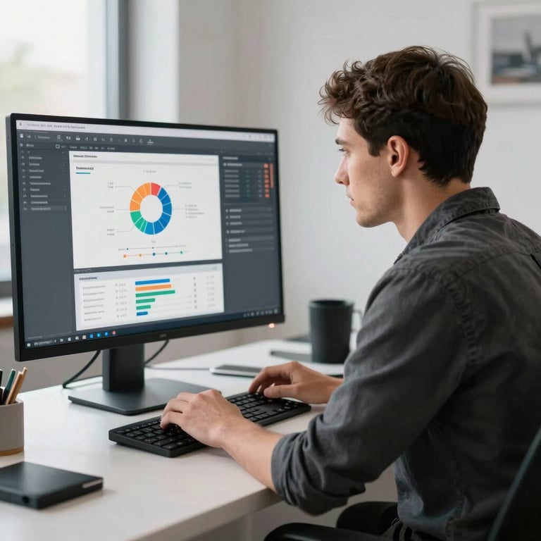 A professional developer in a dark charcoal shirt working on a complex digital marketing dashboard in a bright studio.