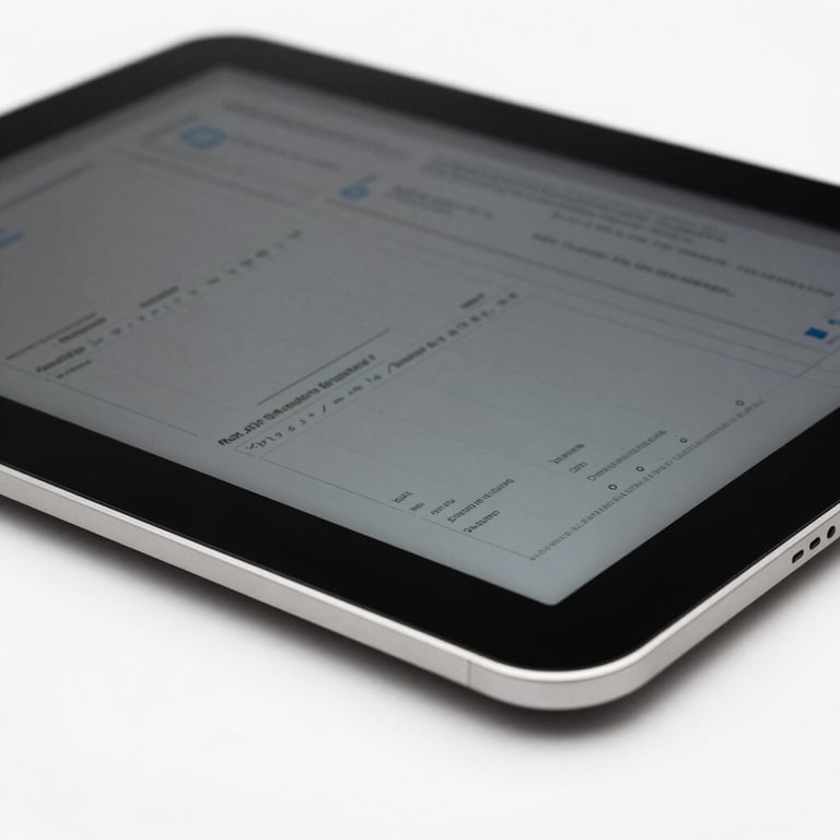 Macro photography of a sleek, muted silver tablet used for business strategy and data analysis on a clean white surface.