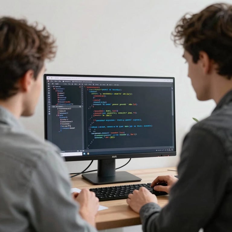 A professional collaboration session showing two experts reviewing code on a screen, with sharp focus and minimalist decor.