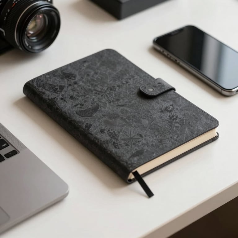 Close-up of a high-end designer's desk with a dark charcoal notebook and a professional smartphone in an off-white environment.