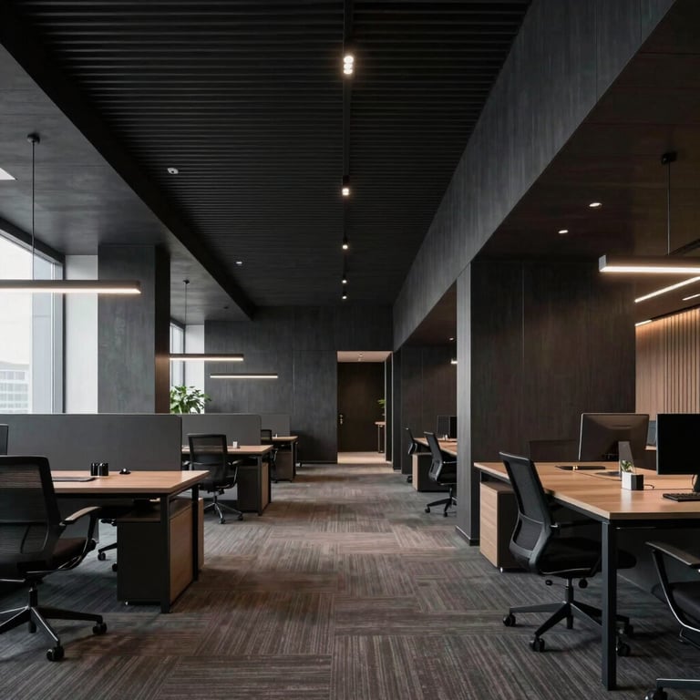 A wide shot of a modern, open-plan office with dark charcoal accents and sophisticated architectural lighting.