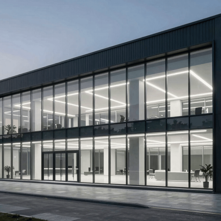 A minimalist boardroom with deep slate furniture and bright off-white natural lighting coming through large windows.