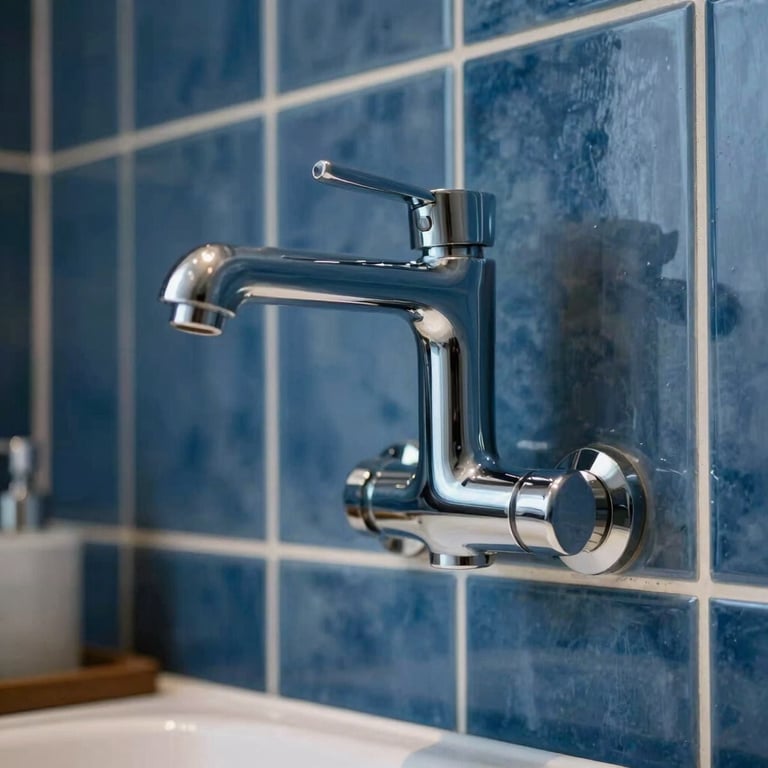 Close-up of a new, high-end chrome faucet installed in a modern bathroom featuring Steel Blue tiles in a Northern European / German / Hamburg home.