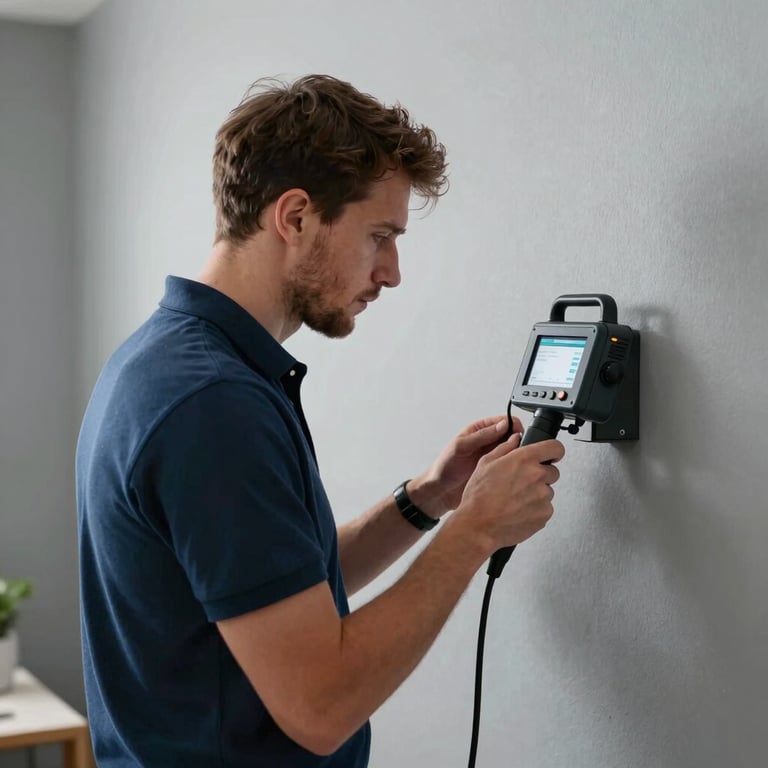 A skilled professional in a Deep Sea Blue polo shirt using a digital leak detection device against a Mist Grey wall in a Northern European / German / Hamburg house.