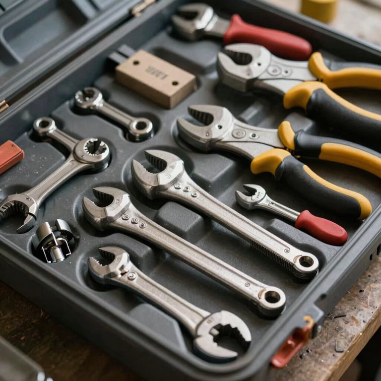 A set of organized, professional plumbing tools in a heavy-duty case inside a Northern European / German / Hamburg workshop.