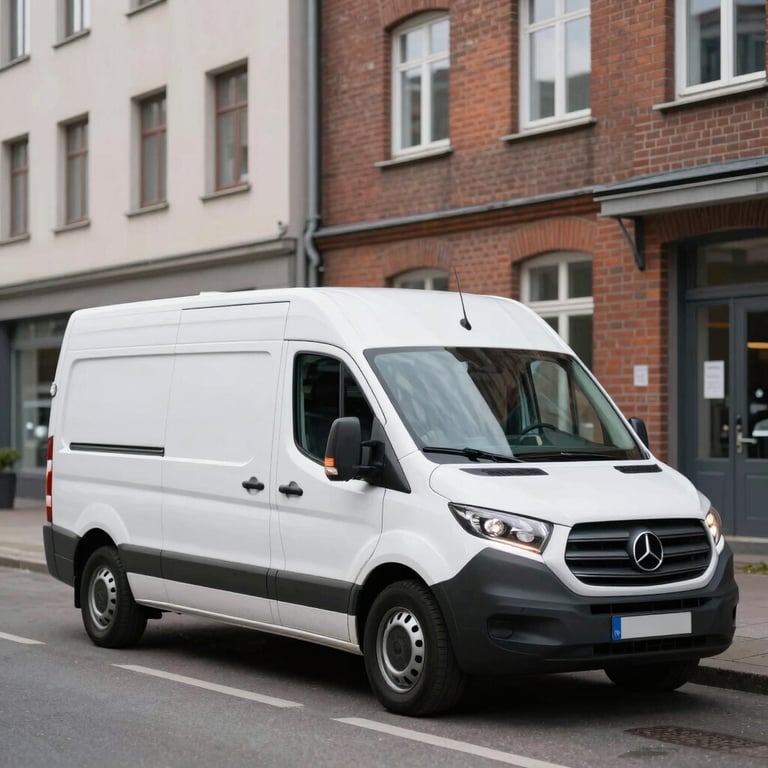 A modern white service van with professional branding parked on a clean street in a Northern European / German / Hamburg neighborhood.