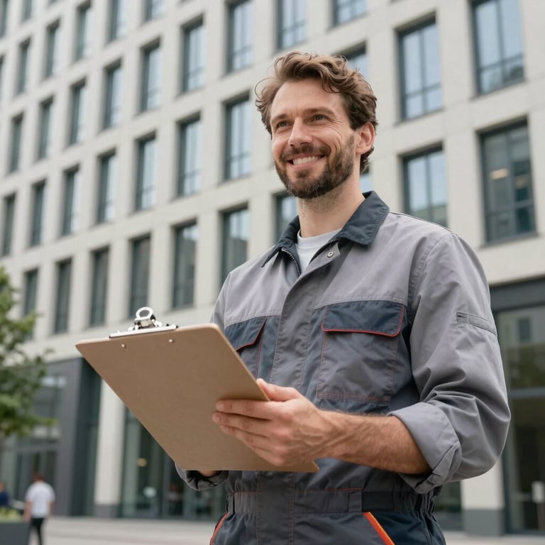 A smiling plumbing expert holding a clipboard, standing in front of a modern Northern European / German / Hamburg building exterior.