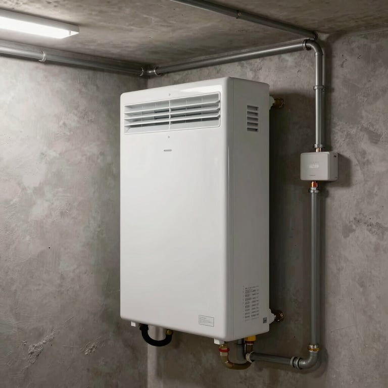 A brightly lit modern heating system recently serviced in a Northern European / German / Hamburg residential basement.