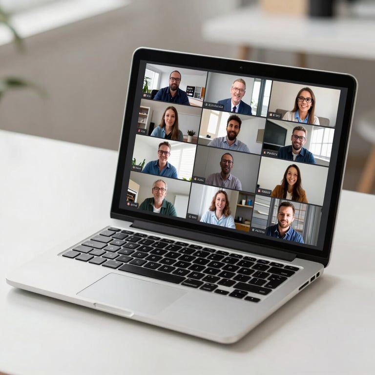 A laptop on a clean white desk showing a virtual classroom interface with a teacher and diverse students in video tiles.