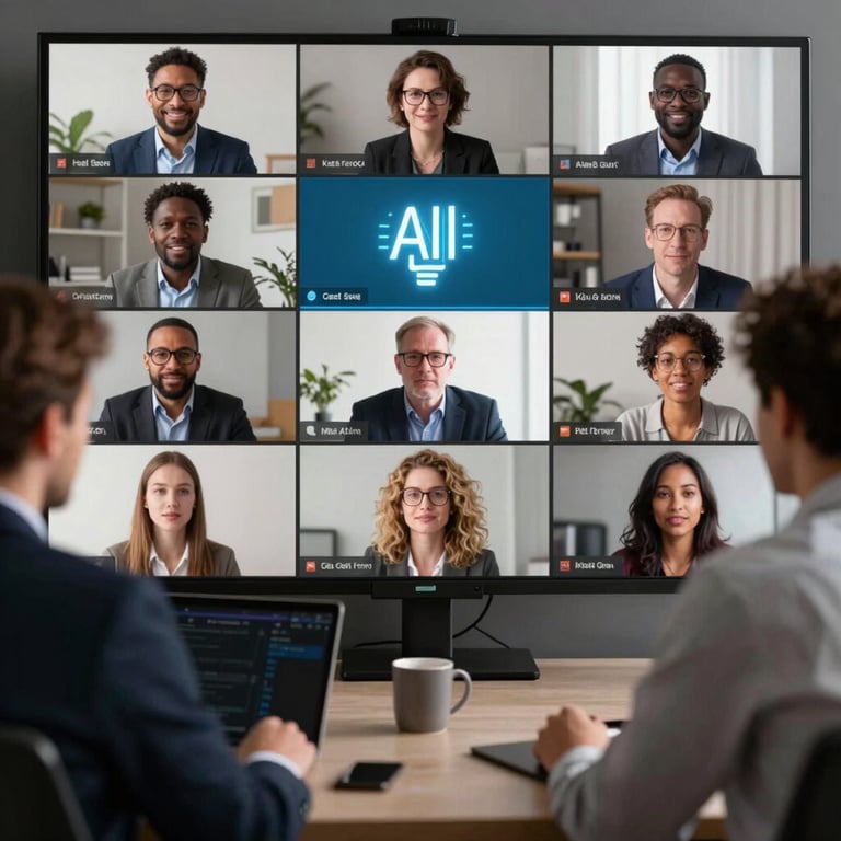 A group of diverse professionals in a virtual meeting, with icons of artificial intelligence appearing as part of the interface.