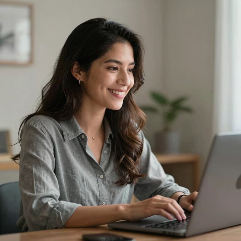 A professional Peruvian woman smiling while looking at her computer screen during a synchronous online session.