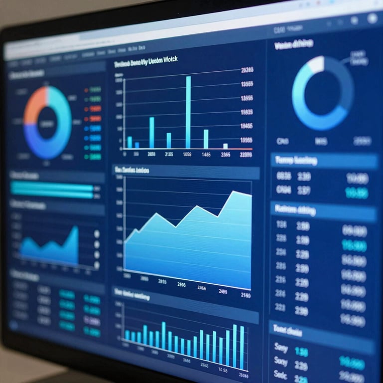 Close-up of a screen showing sophisticated data visualization charts in royal blue and soft blue shades.