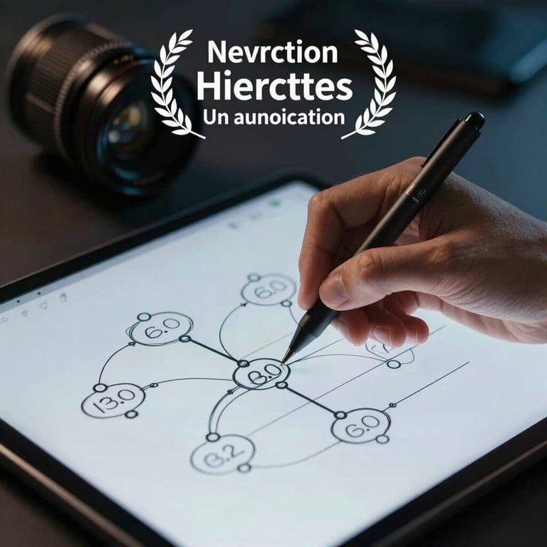 Detail of a hand using a digital pen on a tablet to draw a process automation diagram, with soft blue ambient lighting.