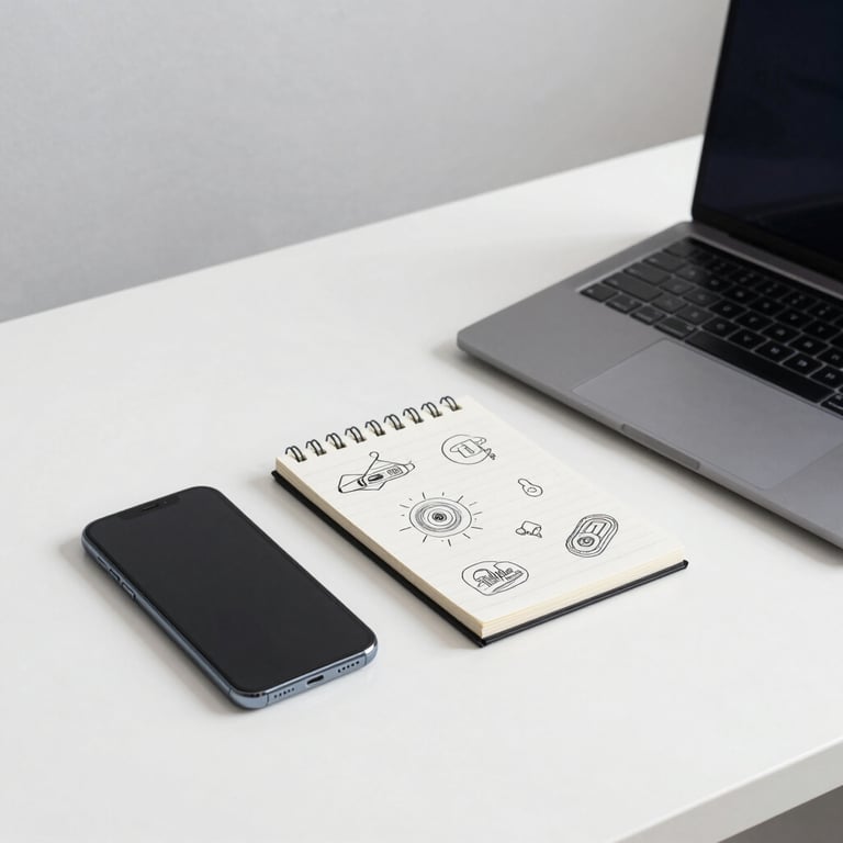 Minimalist desk setup with a smartphone, a notepad with tech sketches, and a modern laptop in an ice-white room.