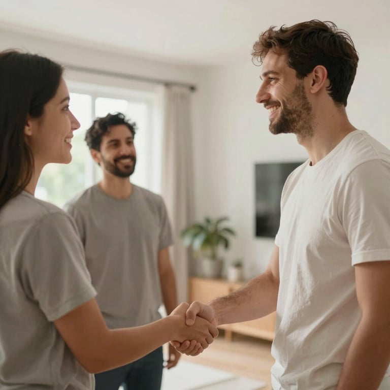 Two movers shaking hands with a happy client in front of a clean, modern home.