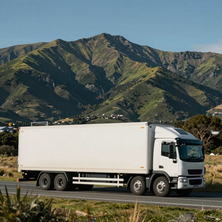 A wide shot of a modern moving truck traveling through the green mountains of New Zealand under a clear sky.