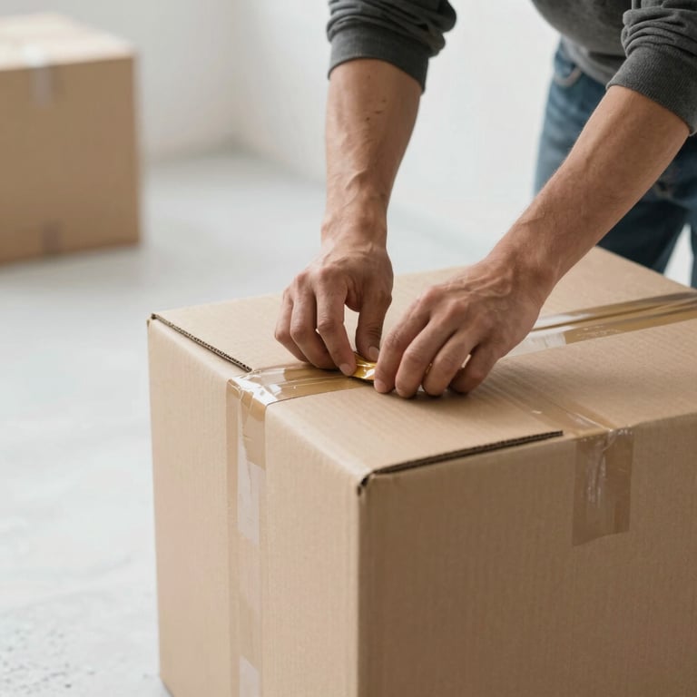 A close-up of a mover's hand carefully taping a heavy-duty cardboard box in a bright ice white room.