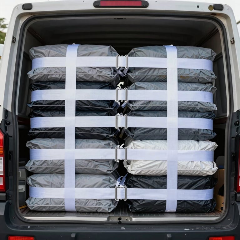 An interior view of a moving truck with items neatly stacked and secured with high-quality ice white straps.
