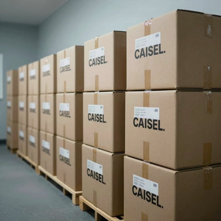 A tidy row of packed boxes labeled clearly in a light grey blue hallway.