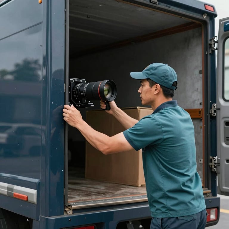 A professional mover in a muted teal uniform loading a dark slate blue truck with care.